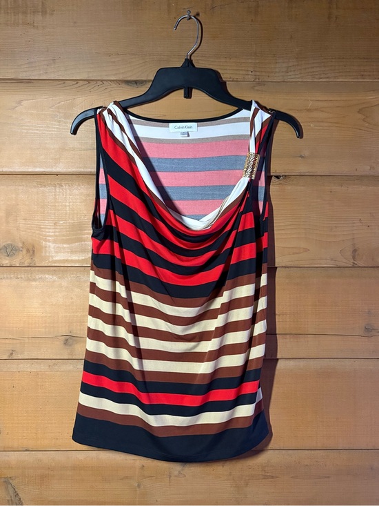 Calvin Klein Tops - Calvin Klein Striped Tank- Red Black Brown Cream- Gold Accent- Size Medium